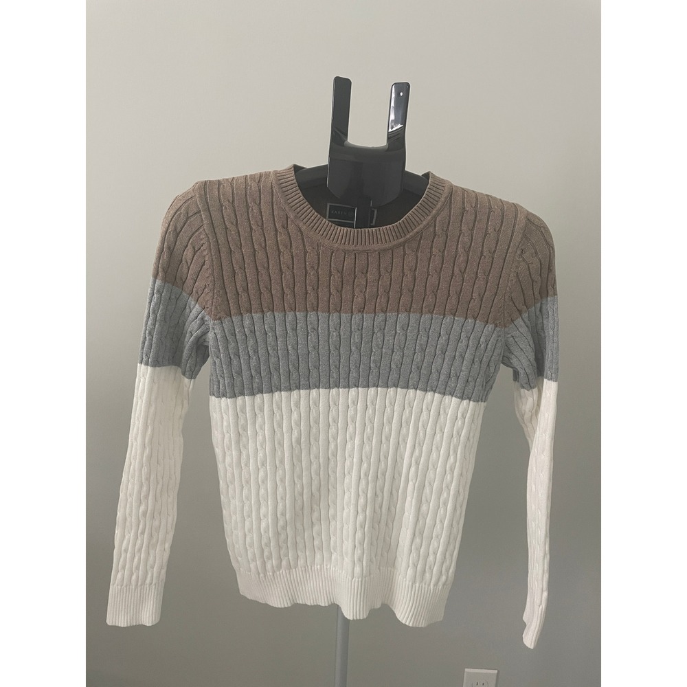 Karen Scott Petite Medium Color Block Cable Knit Sweater Brown Grey White PM